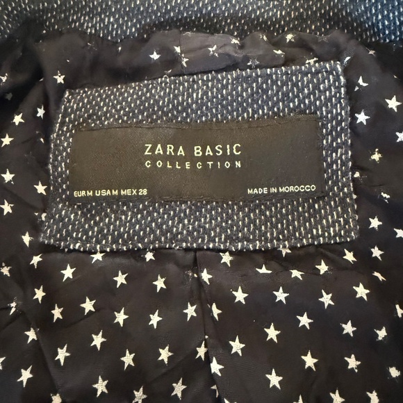 Zara Knit Textured Navy Blazer Star Lining Gray Elbow Patches Size Medium Womens - Picture 12 of 13